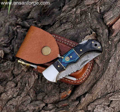 Damascus steel folding knife, 6", lock back, Pakkawood handle, sharpener, leather pouch