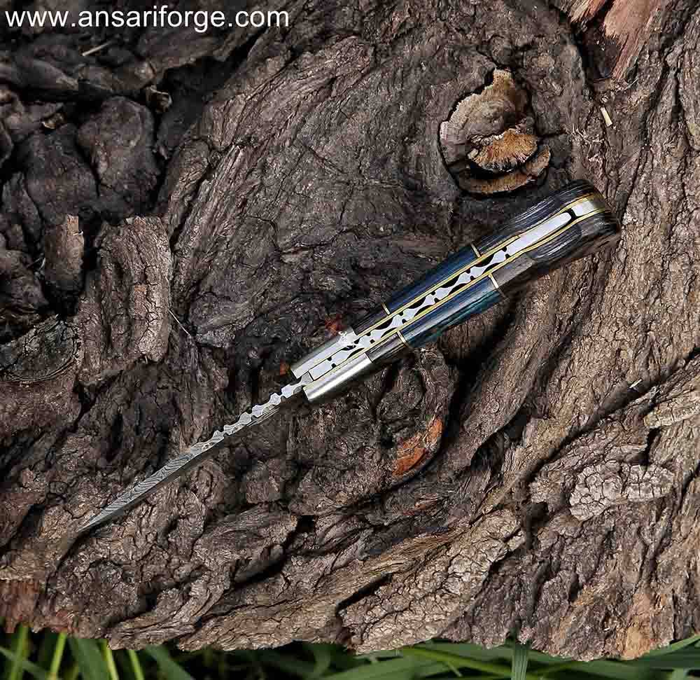 6-inch Damascus steel pocket knife with Pakkawood handle, lock back, sharpener, and leather pouch