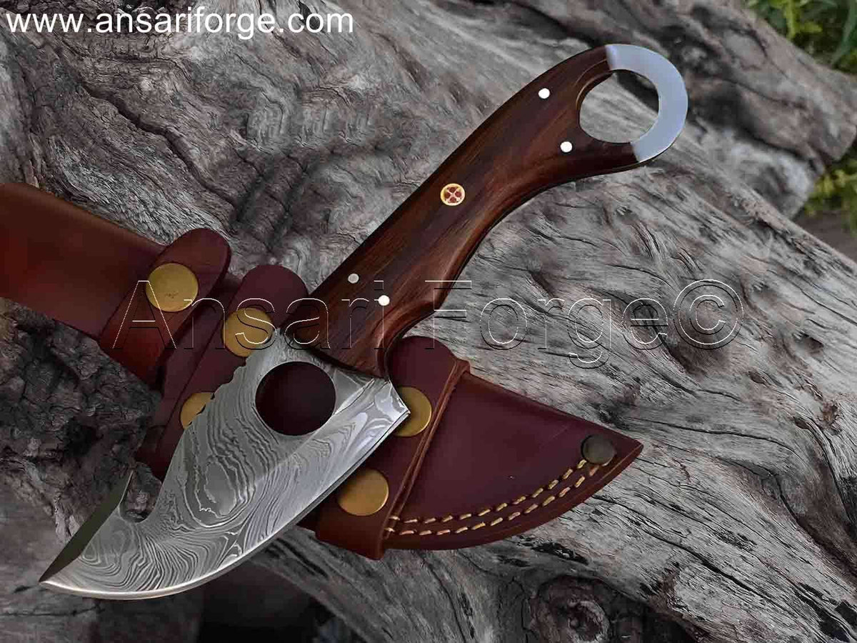 Apex Skinner handcrafted Damascus steel fixed blade Best Deer skinning knife with finger hole grip and rosewood handle.