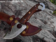Apex Skinner handcrafted Damascus steel fixed blade Best Deer skinning knife with finger hole grip and rosewood handle.