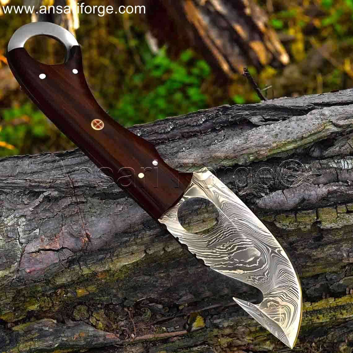 Apex Skinner handcrafted Damascus steel fixed blade best deer skinning knife with finger hole grip and rosewood handle.