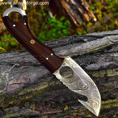 Apex Skinner handcrafted Damascus steel fixed blade best deer skinning knife with finger hole grip and rosewood handle.