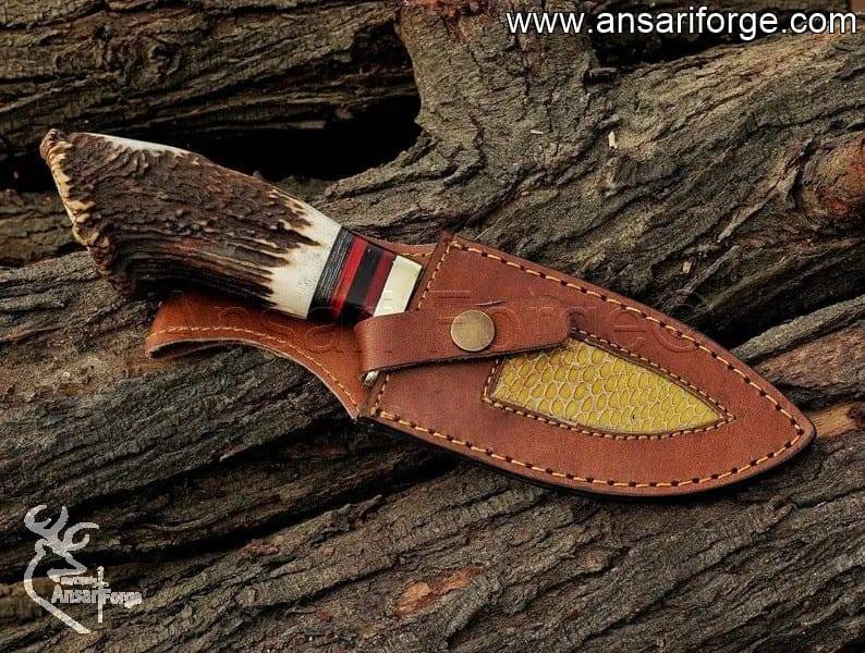 Damascus steel hunting knife securely stored in its cowhide leather sheath.