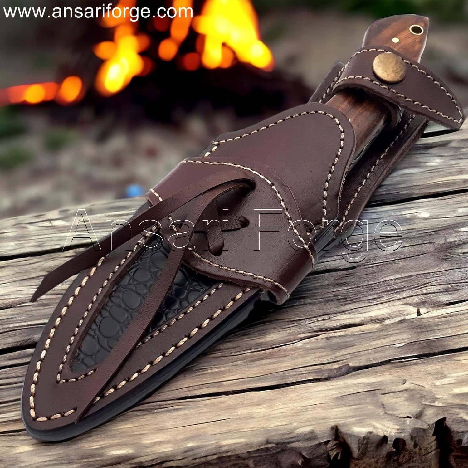 Damascus Camping Knife, Hunting Skinning Knife with fire pattern blade, rosewood handle, and leather sheath.
