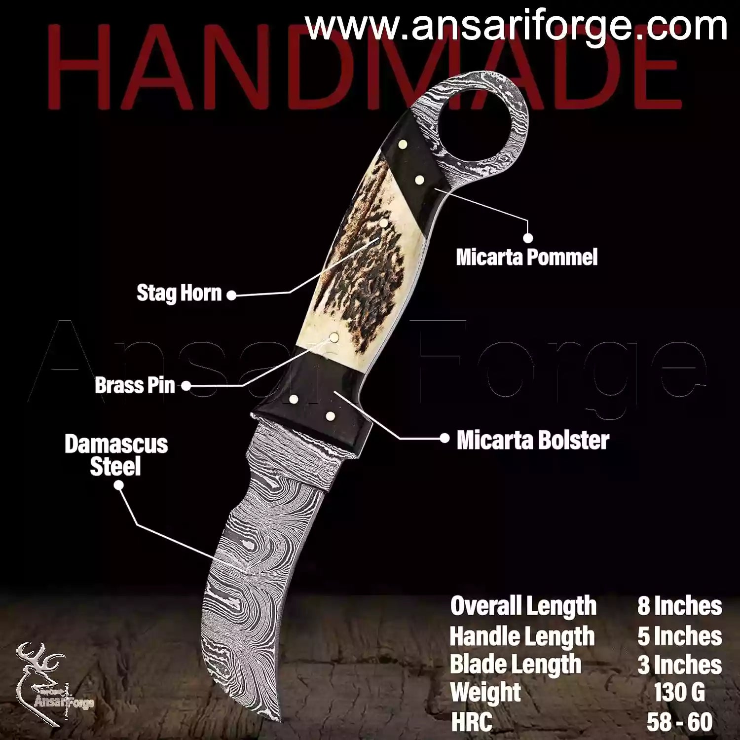 Stag handle Damascus hawkbill knife 512 layers.