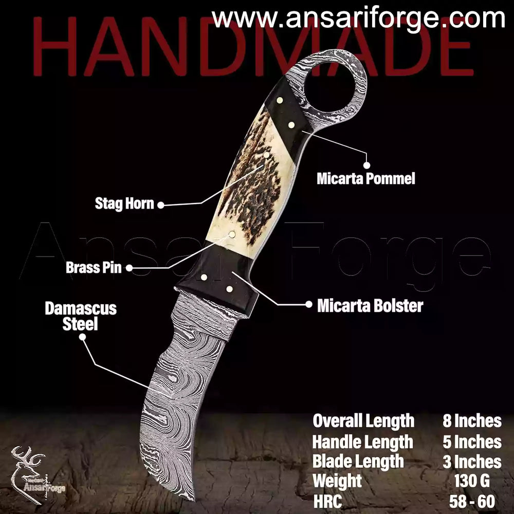 Stag handle Damascus hawkbill knife 512 layers.