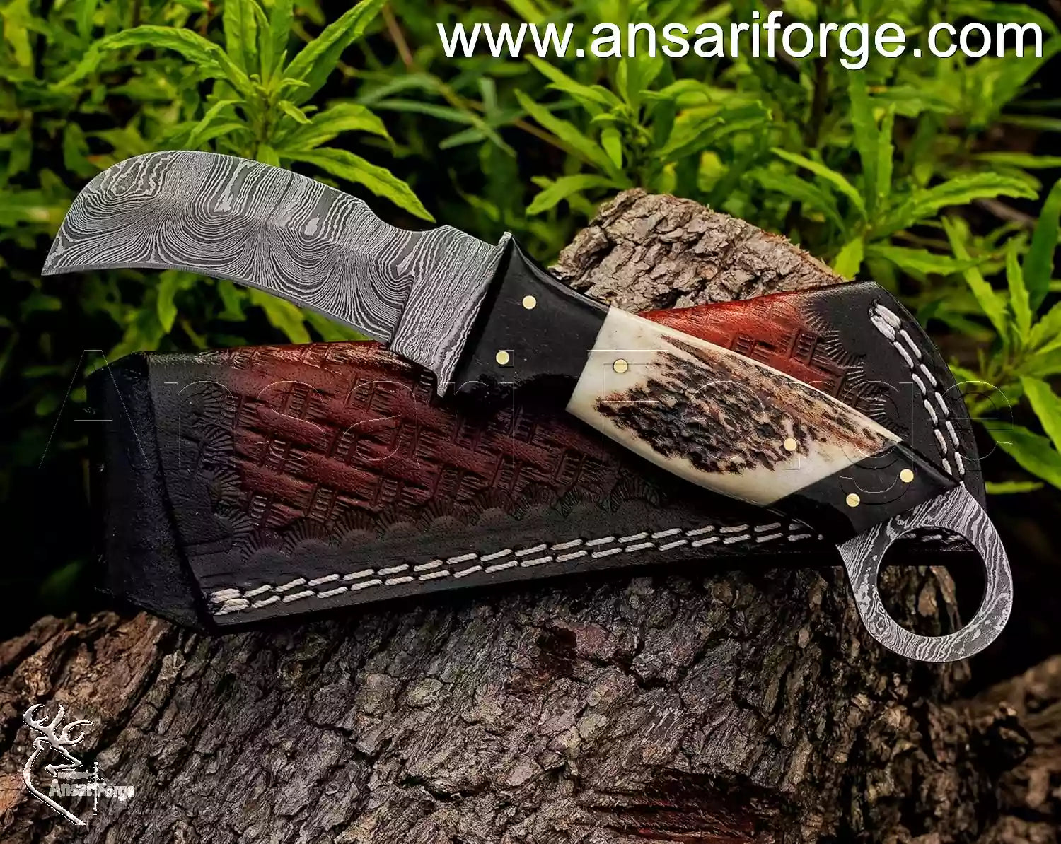 Hand forged Damascus hawkbill knife by Ansari Forge.