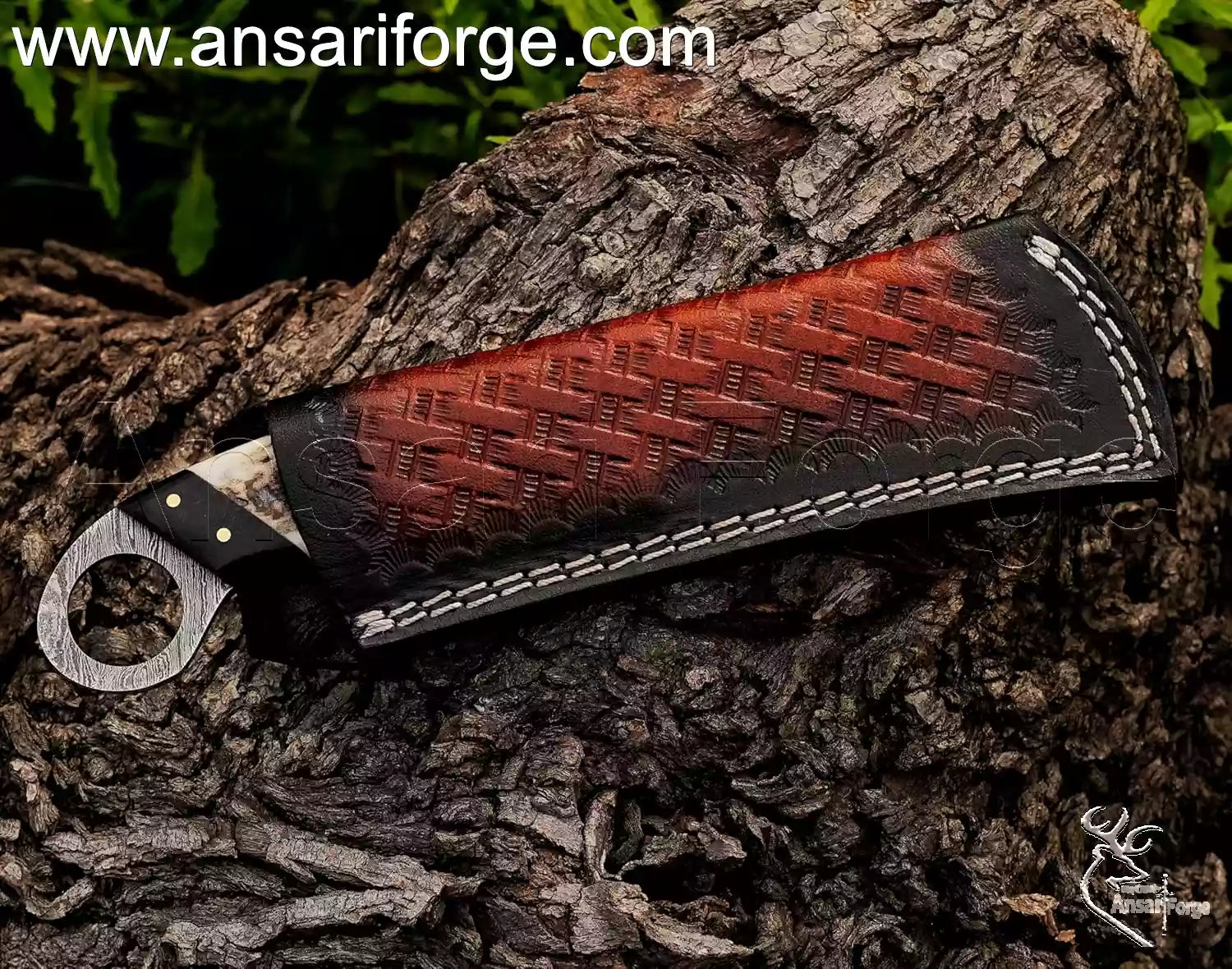 Ansari Forge Damascus knife with sheath.