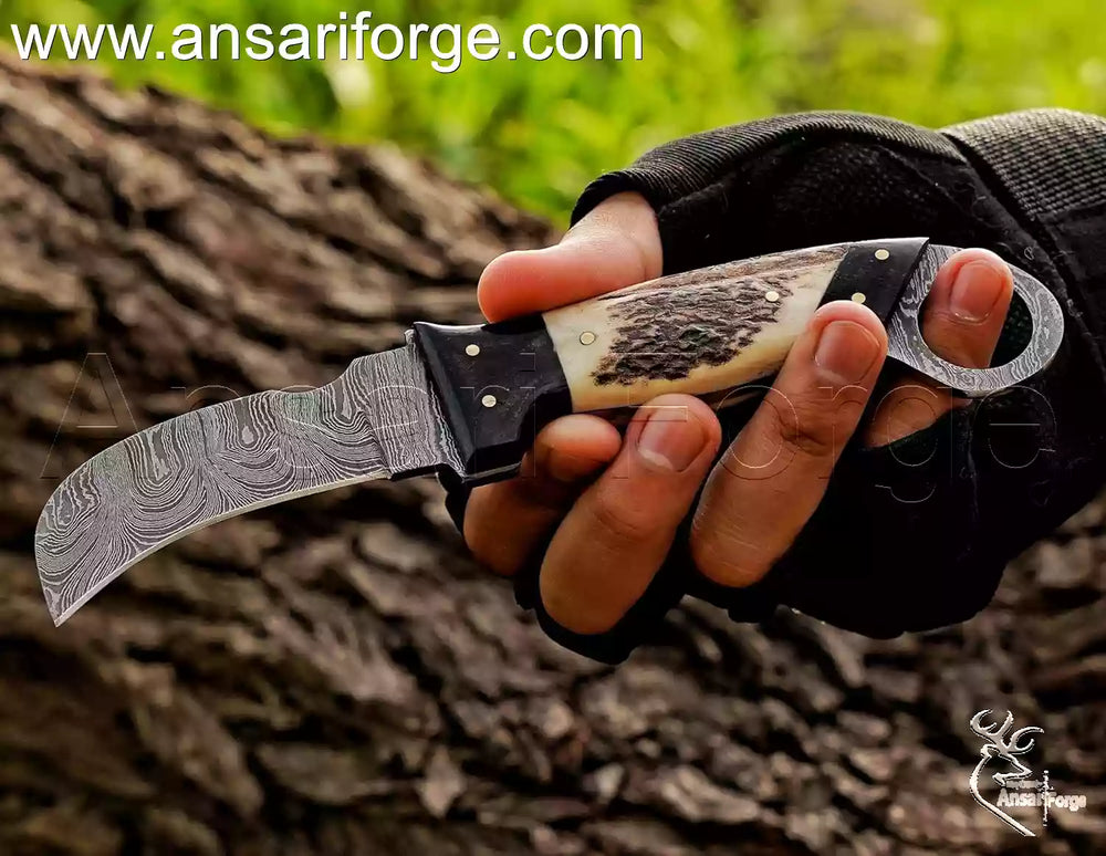Damascus steel hawkbill knife with stag handle.