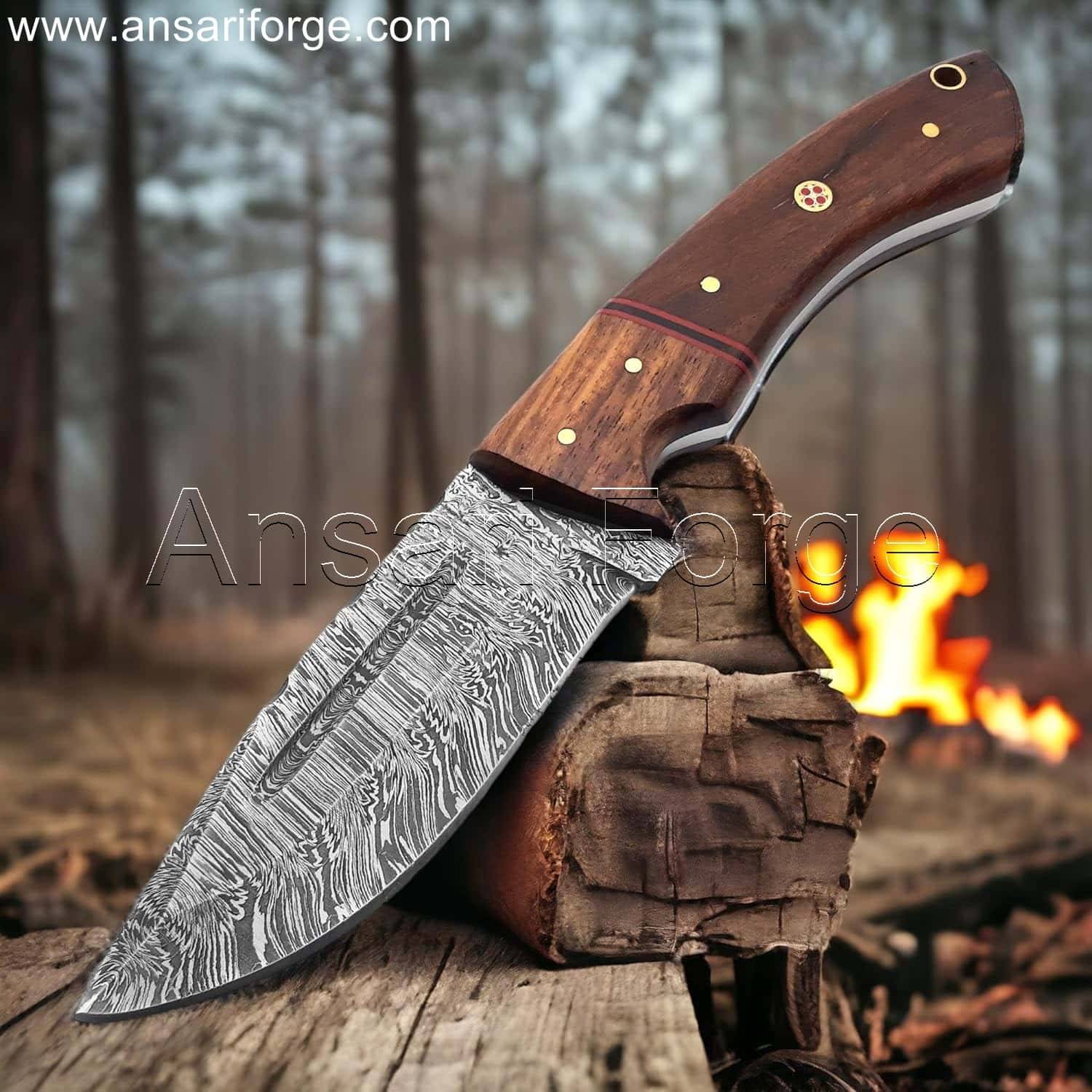 Damascus Camping Knife, Hunting Skinning Knife with fire pattern blade, rosewood handle, and leather sheath.