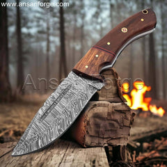 Damascus Camping Knife, Hunting Skinning Knife with fire pattern blade, rosewood handle, and leather sheath.