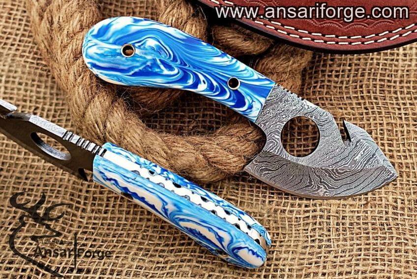 Custom Damascus Gut Hook Knife With Leather Sheath Best For Deer Skinning