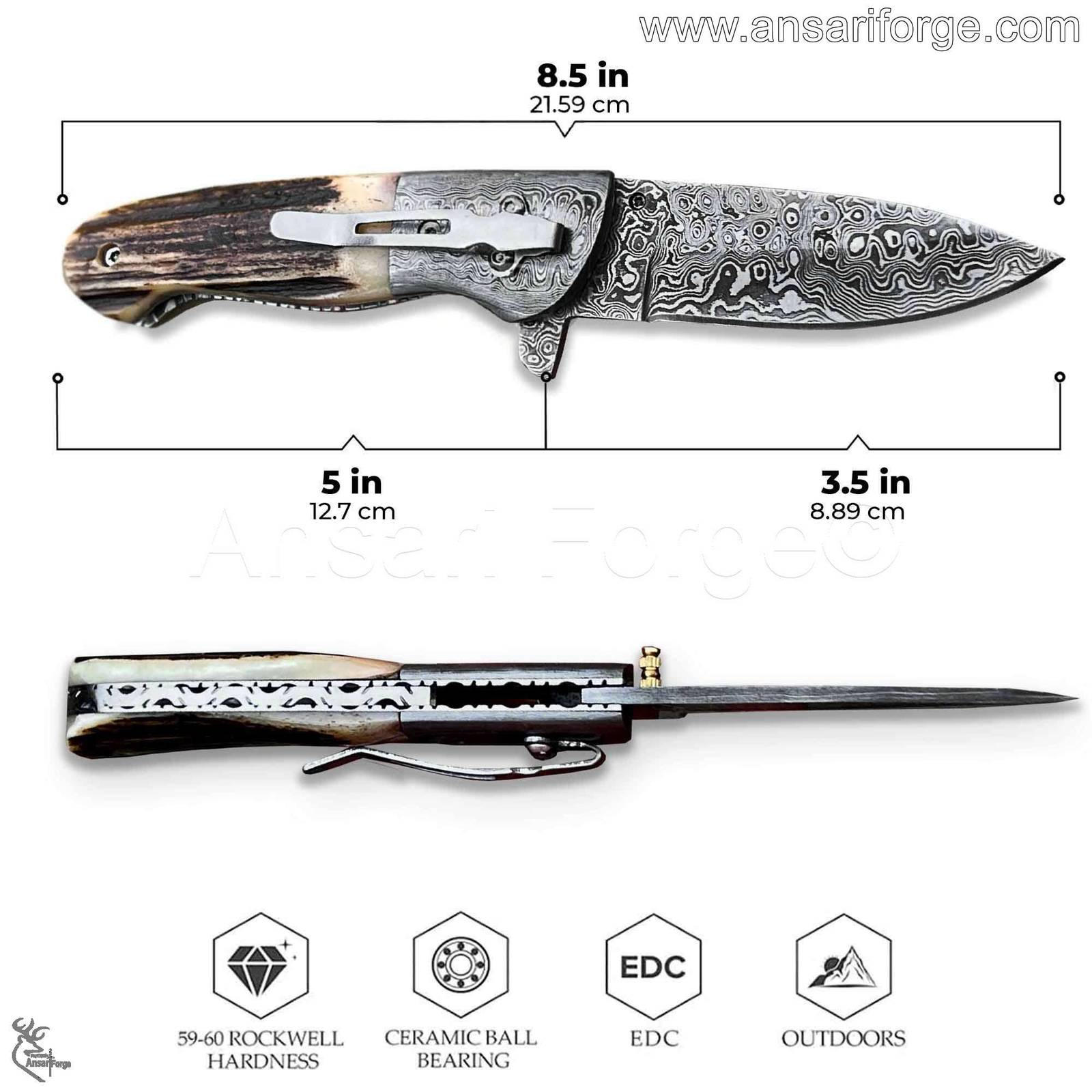 Close-up of hand-forged Damascus folding blade with intricate raindrop pattern and sharp cutting edge.