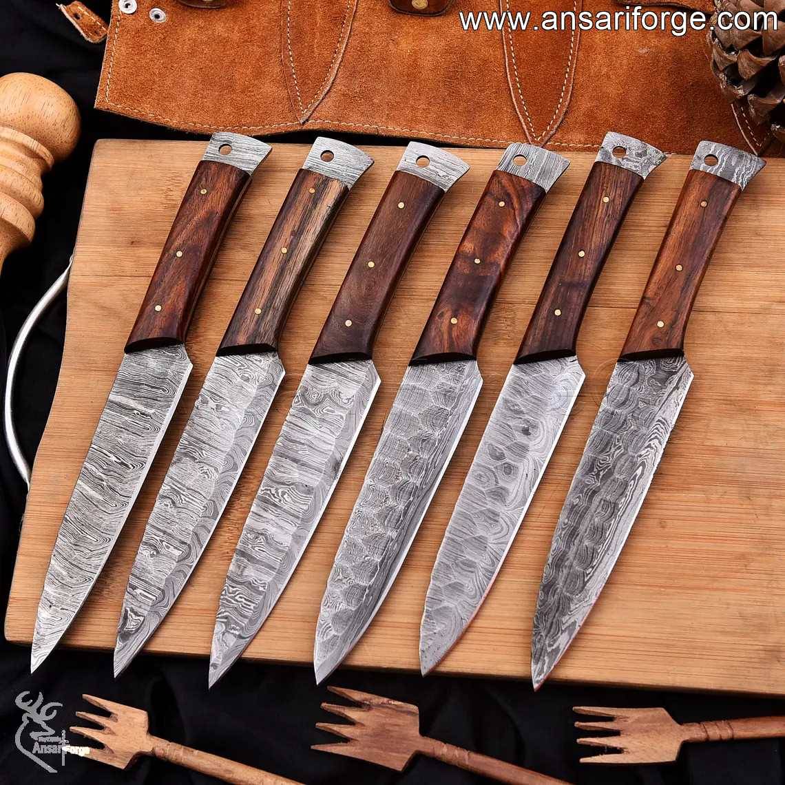 Best steak knife set – full-tang Damascus steel blade with olive wood handle (9-inch overall length).
