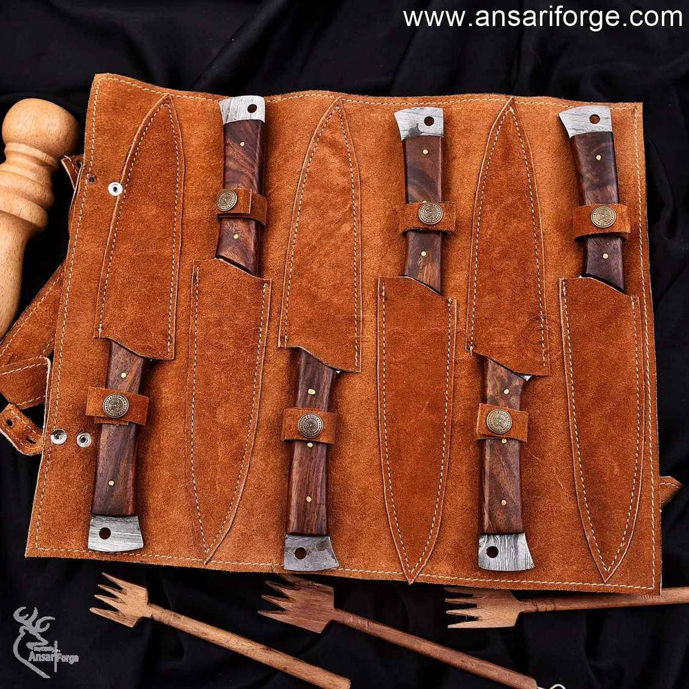 Ansari Forge steak knife set 6 blades with premium leather case.