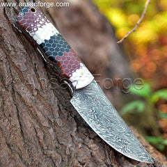 Talon Fixed Blade Knife - Hand-forged Damascus steel blade with fire pattern.