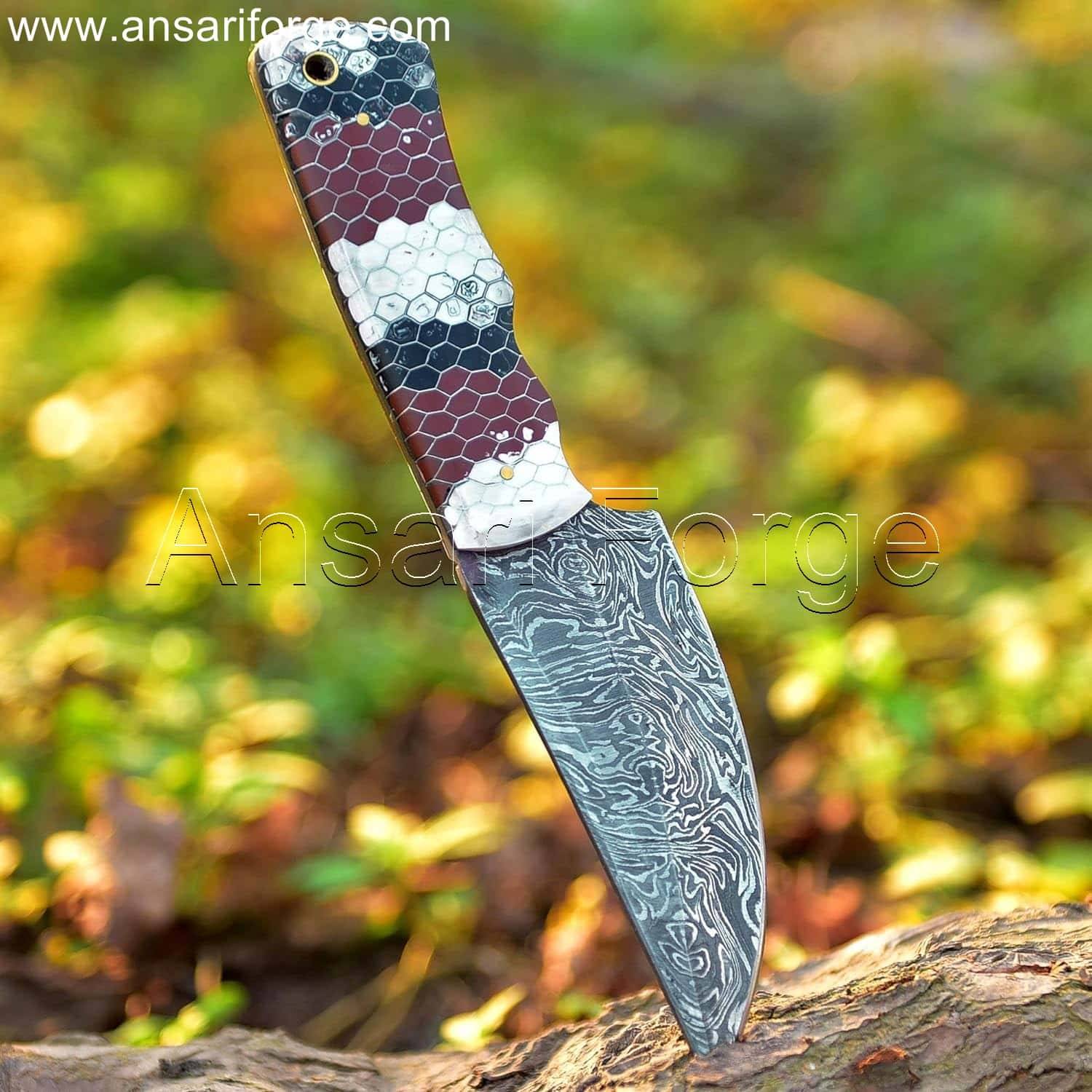 Fixed Blade Knife - Hand-forged Damascus steel blade with fire pattern.