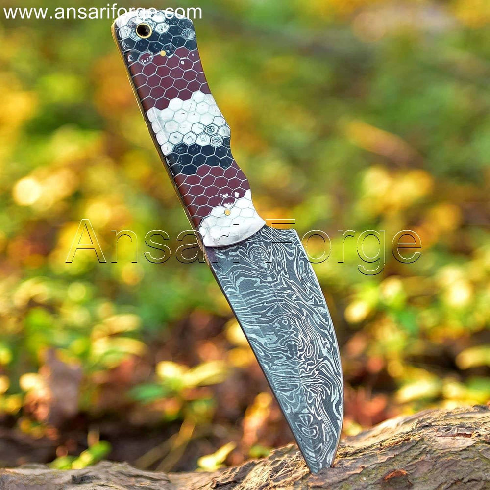 Fixed Blade Knife - Hand-forged Damascus steel blade with fire pattern.
