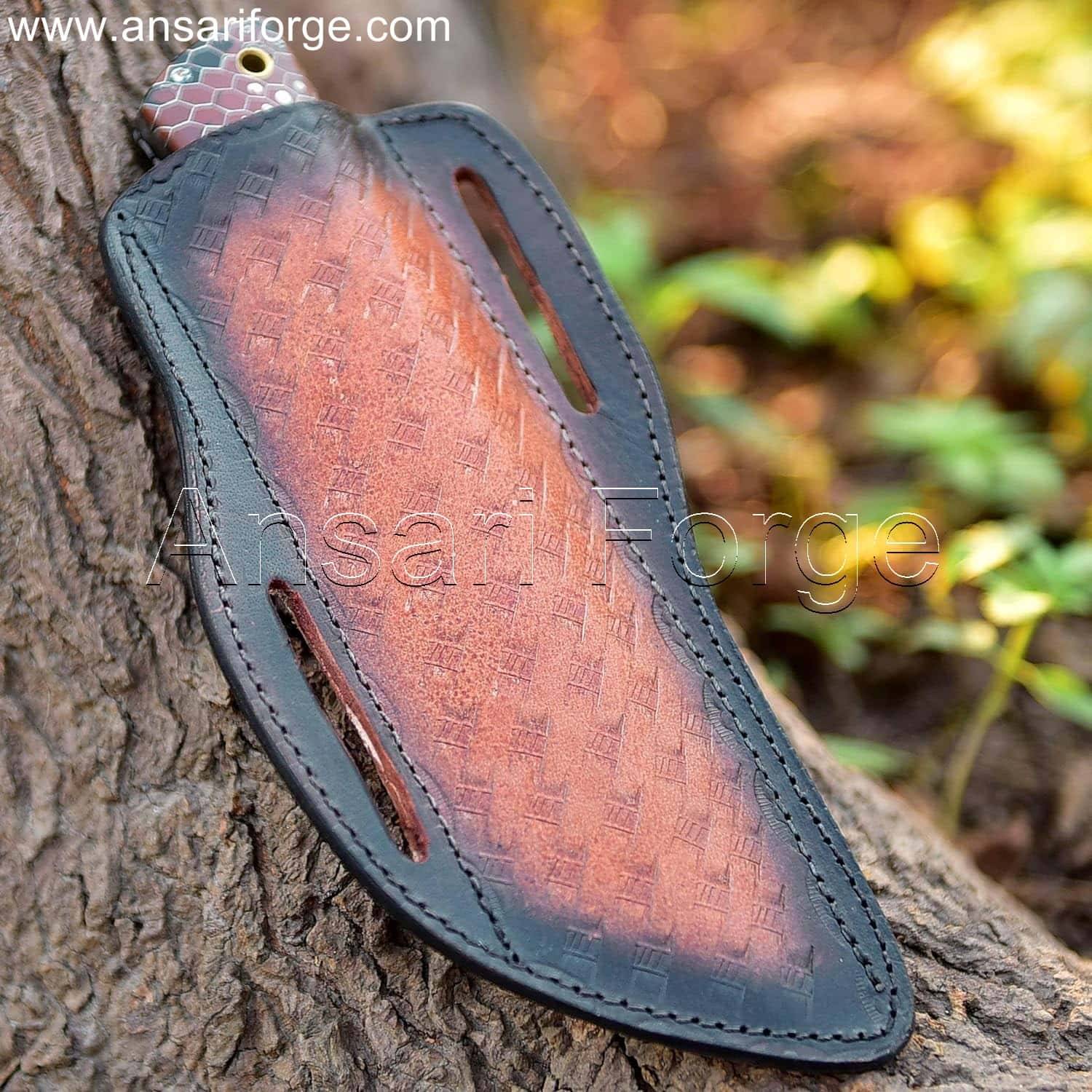 Ansari Forge Talon EDC Fixed Blade Knife - Securely stored in genuine cowhide leather horizontal carry sheath.