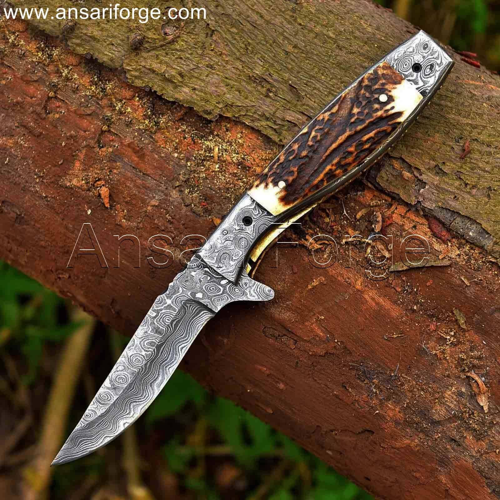 Handmade Damascus Steel Pocket Knife, Stag Antler Handle, Leather Sheath