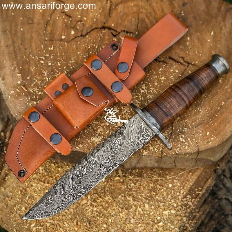13" Damascus Bowie Knife with hand-forged twist blade, leather handle and sheath.
