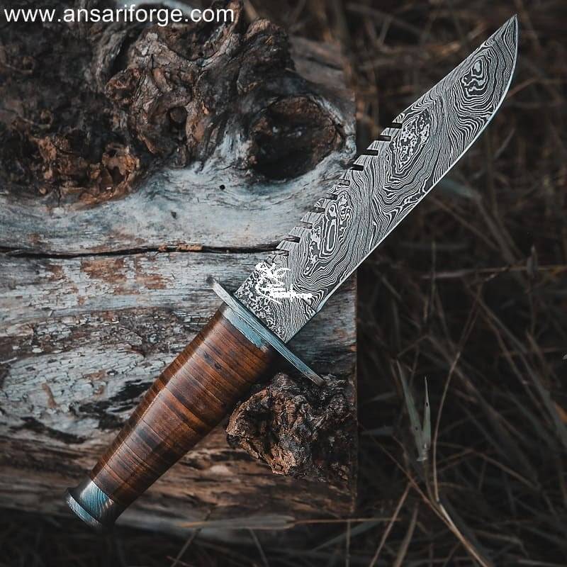 13" Damascus Bowie Knife with hand-forged twist blade, leather handle and sheath.