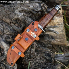 13" Damascus Bowie Knife with hand-forged twist blade, leather handle and sheath.