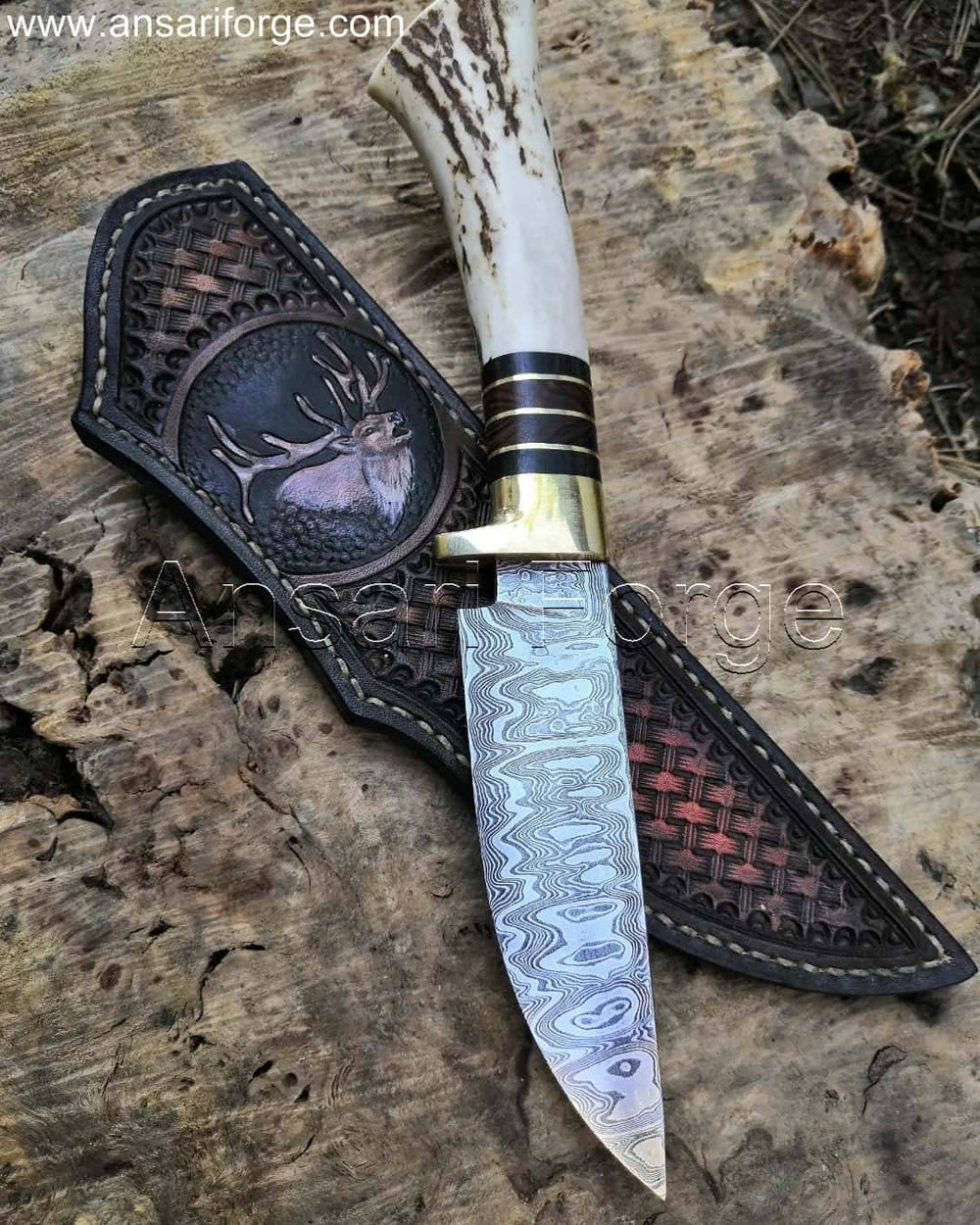 The Deer Hunter Handmade Damascus Hunting Knife with stag antler handle and brass guard