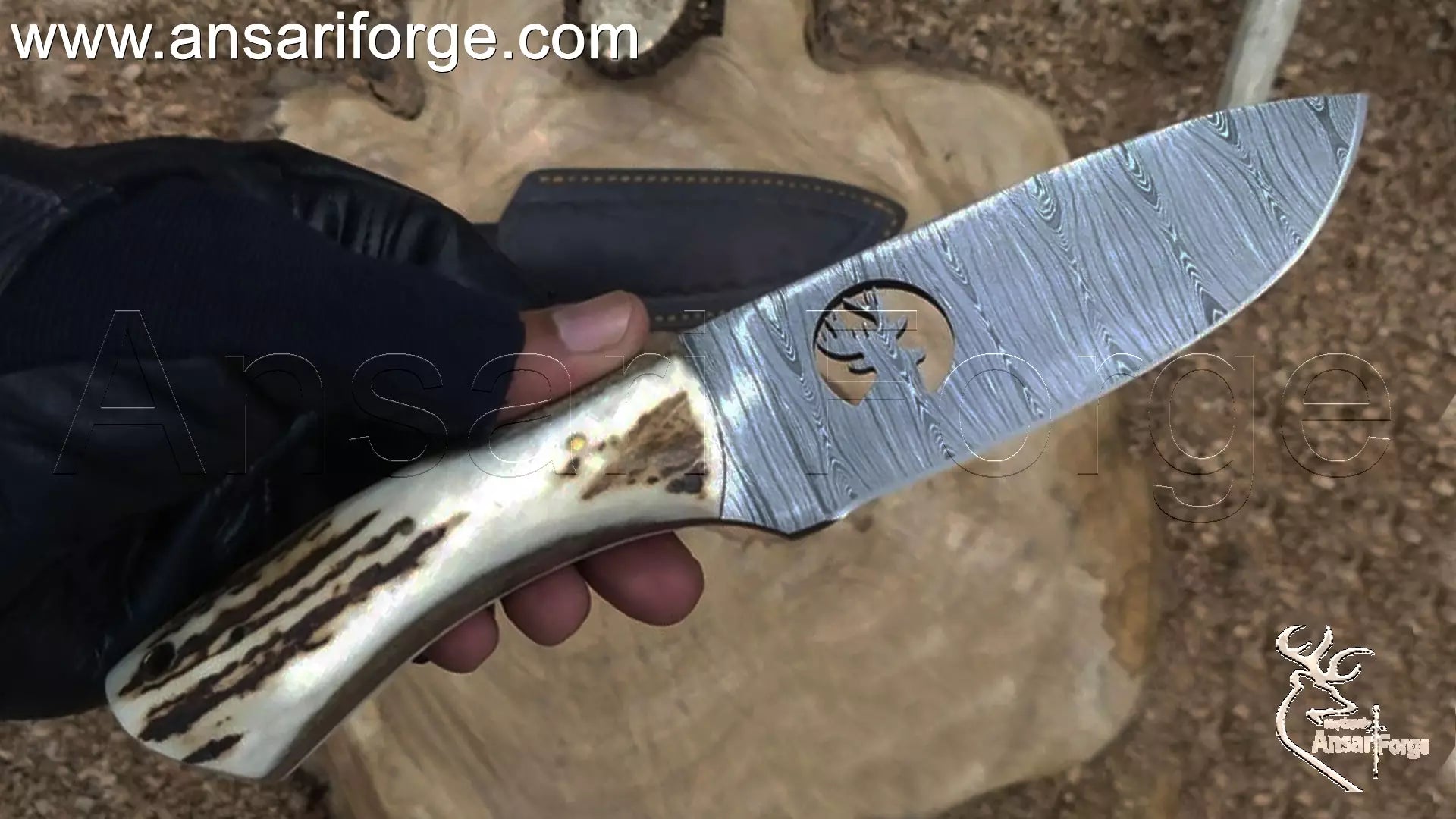 Sharp Damascus skinning knife in use, highlighting the razor-sharp edge of the 5.0mm thick blade.