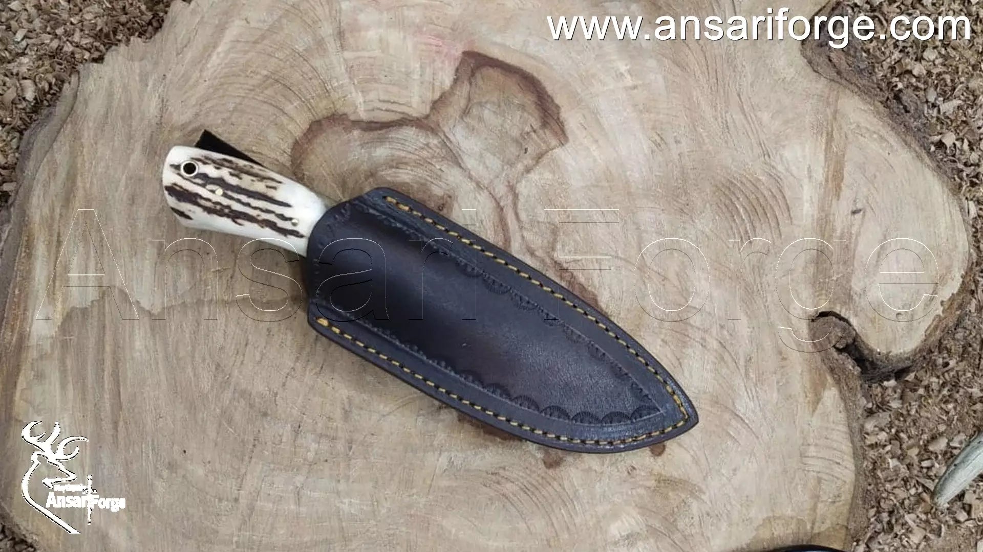 Full tang drop point hunting knife with sheath. High-quality leather sheath for the Ansari Forge Demascus knife.