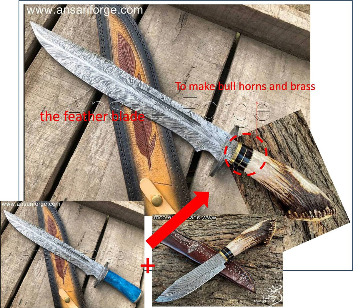 Custom knives order -Feather blade with  antler handle