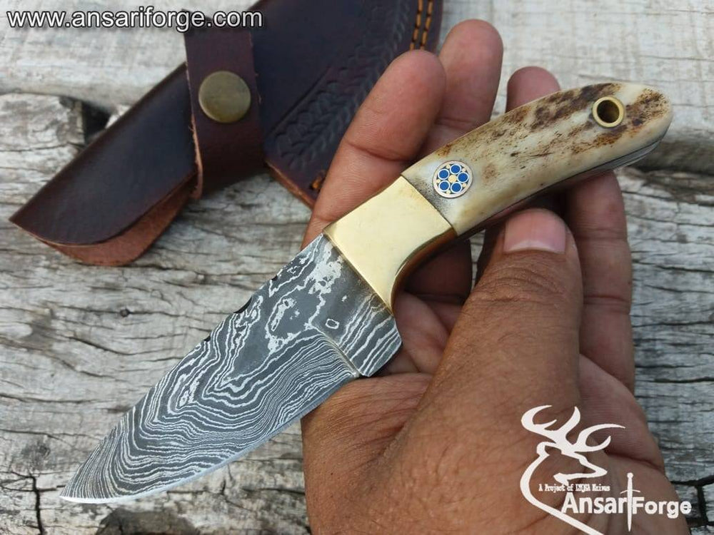 The best budget EDC knife under 100 with full tang Damascus steel blade, Stag handle & leather sheath.