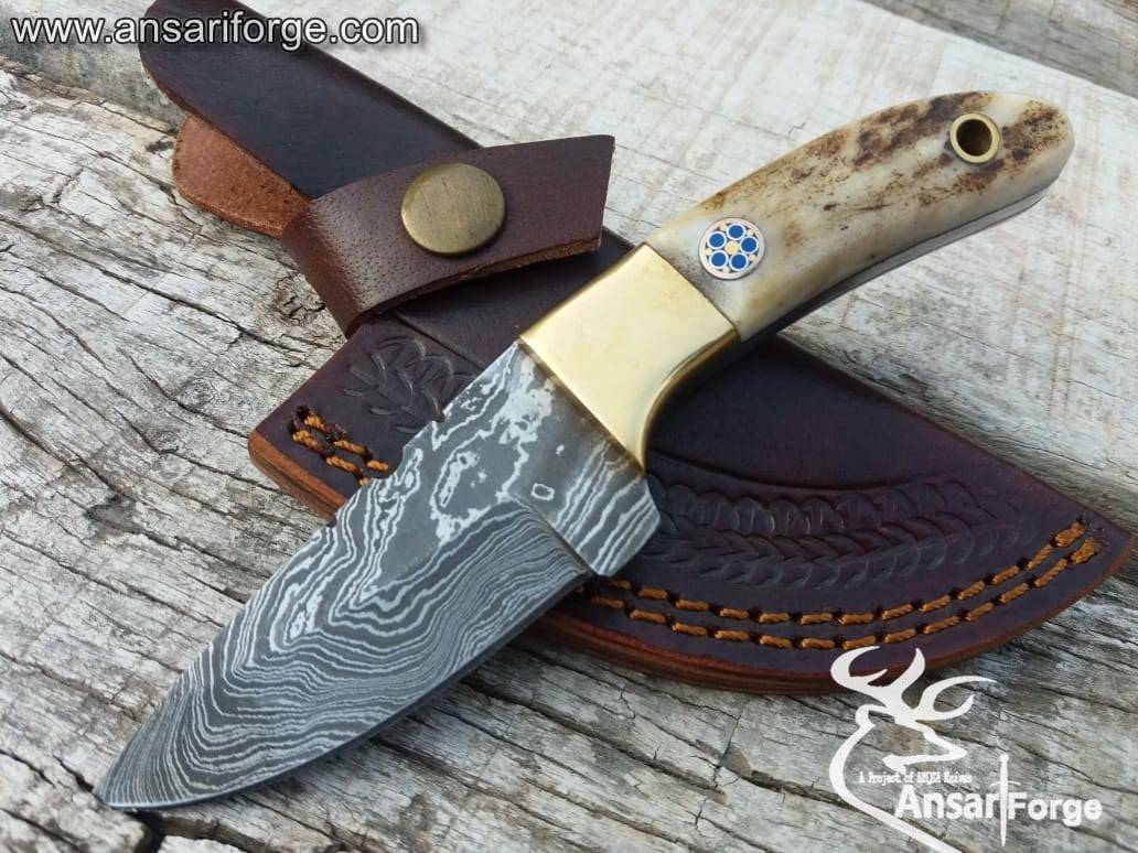 Damascus steel small EDC knife With antler handle by Ansari Forge.