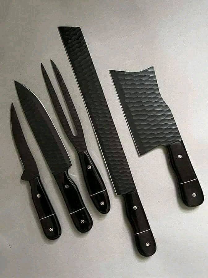 Beautiful black coated flint knapped kitchen knifes set