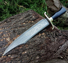 Damascus Bowie Knife Original Feather Blade Alamo Musso Replica With Leather Sheath