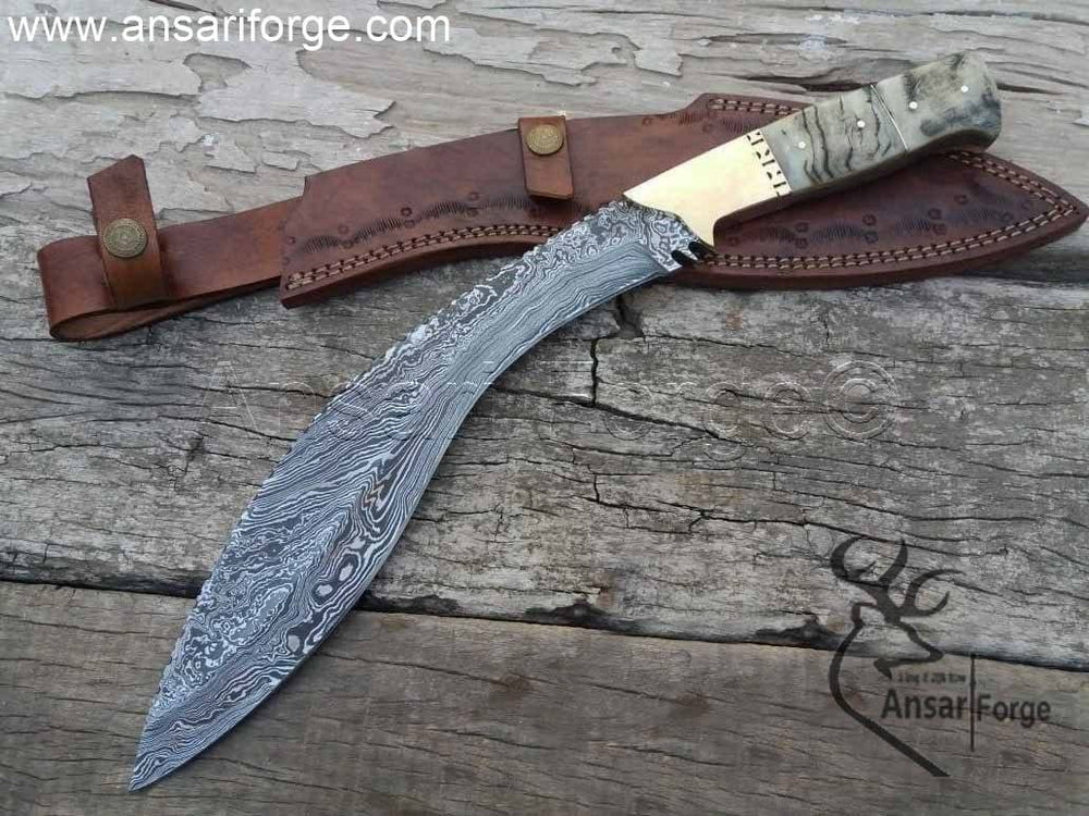 Hand-forged Full Tang Damascus Kukri Knife with Twisted Pattern.