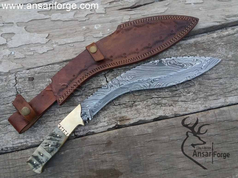 Damascus steel kukri knife with leather sheath.
