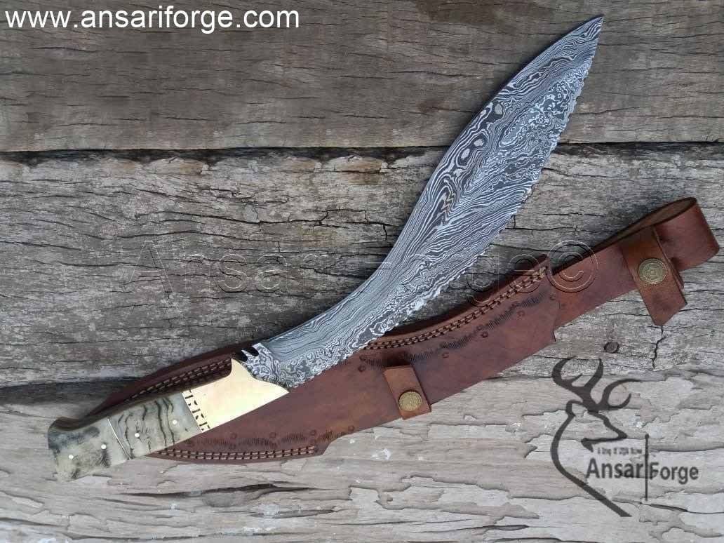 18" Full Tang Damascus Kukri Knife, Hand Forged Gurkha Blade With Sheep Horn Handle & Leather Sheath