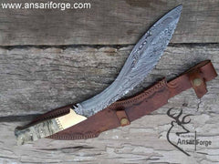 18" Full Tang Damascus Kukri Knife, Hand Forged Gurkha Blade With Sheep Horn Handle & Leather Sheath