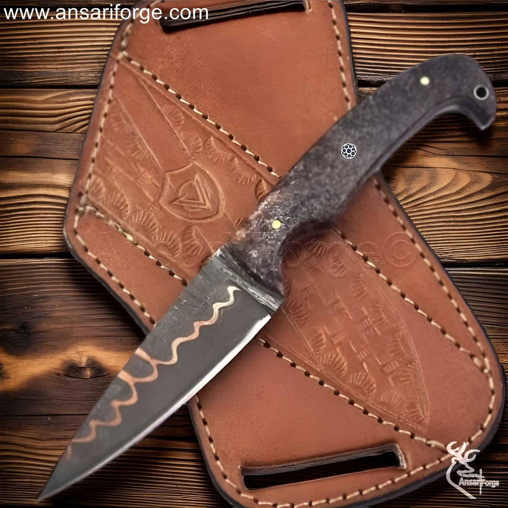Handmade Copper Damascus Knife with Ladder Pattern – Full Tang 1095 & Nickel Steel Blade.