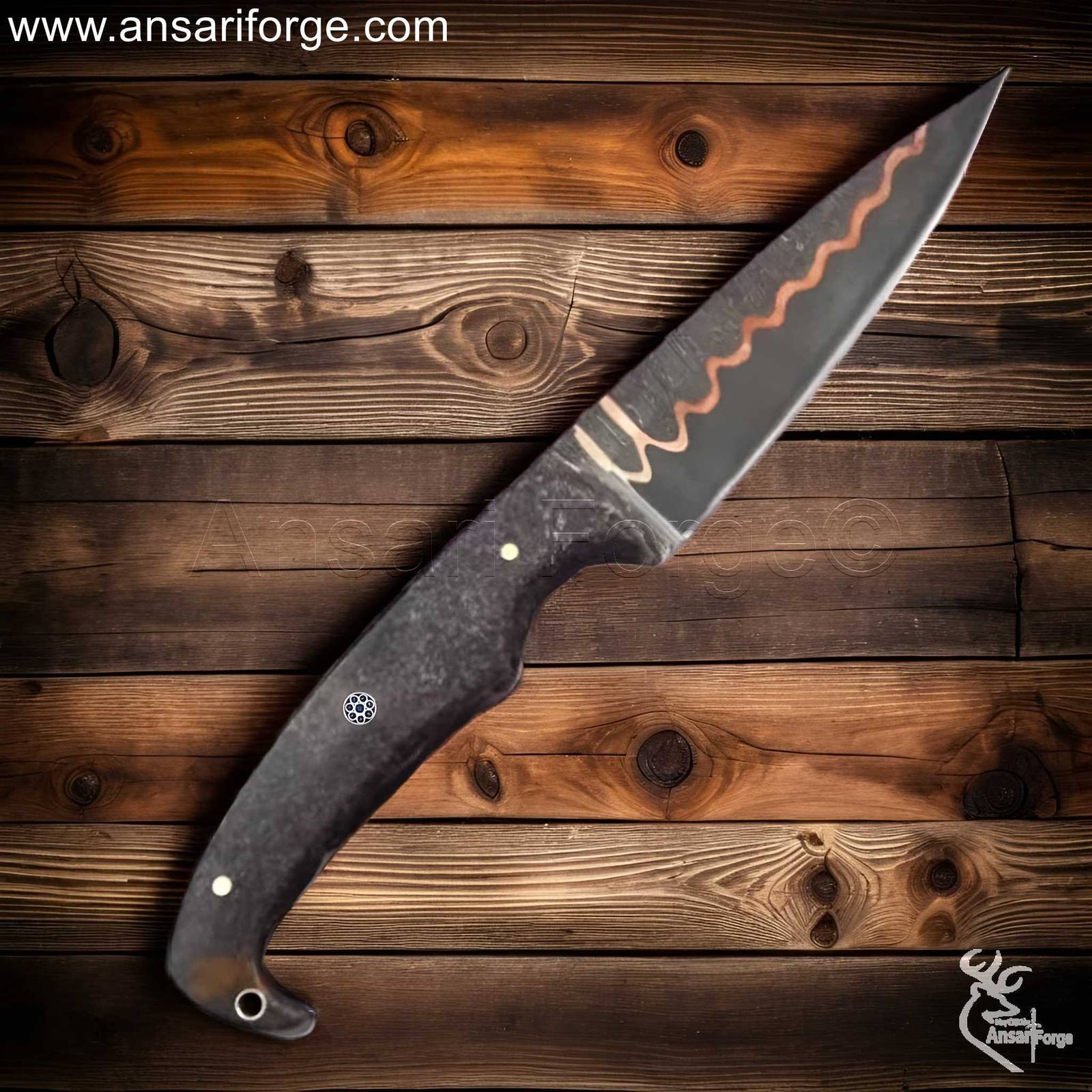 8-Inch Copper Damascus Knife – 4-Inch Blade, 5mm Thick – Perfect for Hunting.