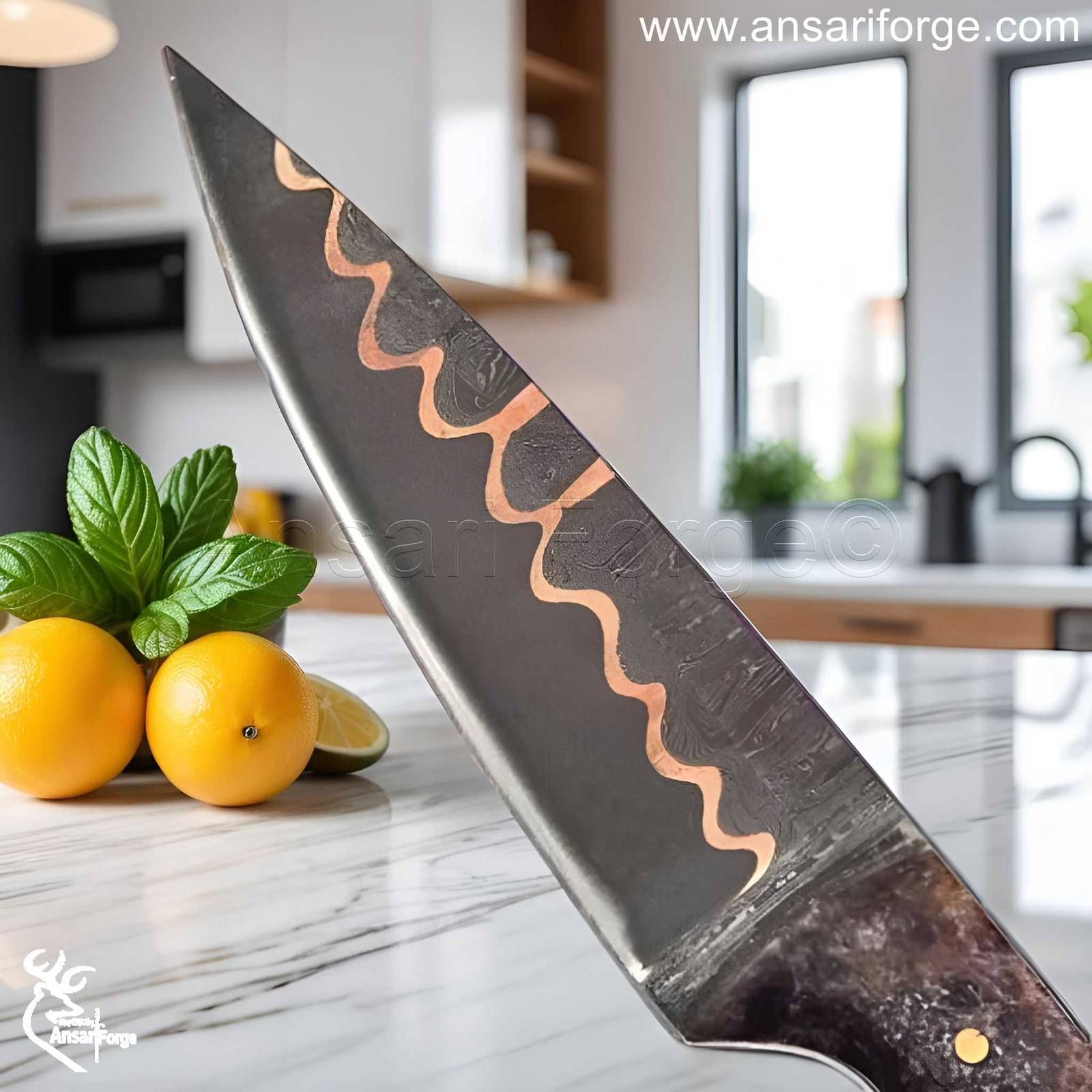 Close-Up of Nickel Copper Damascus Knife – 60 HRC Sharp Clip Point Blade.