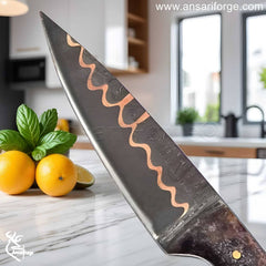 Close-Up of Nickel Copper Damascus Knife – 60 HRC Sharp Clip Point Blade.