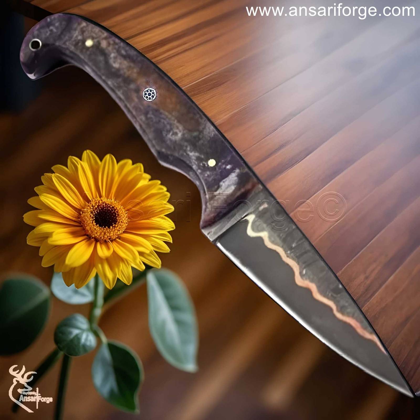 Ladder Pattern Damascus Steel Knife with Copper Accents – Hand-Forged Artisan Blade.