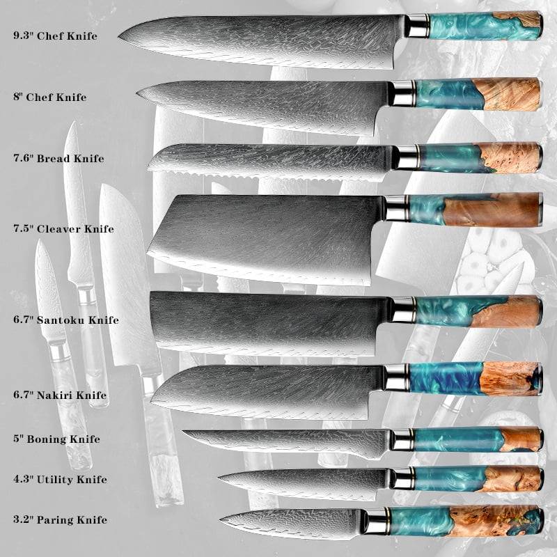 9 Pcs Damascus steel handmade Japanese kitchen knives set unique chef knife set