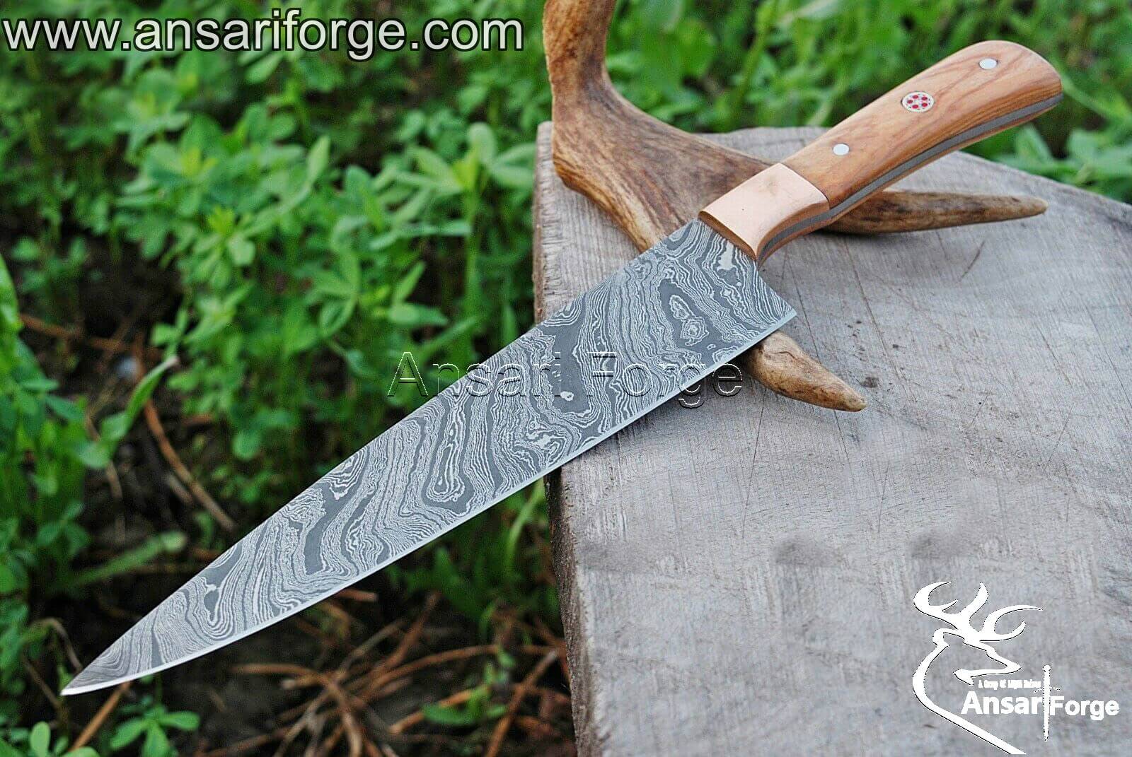 Handmade Damascus steel chef knife olive wood handle & leather sheath