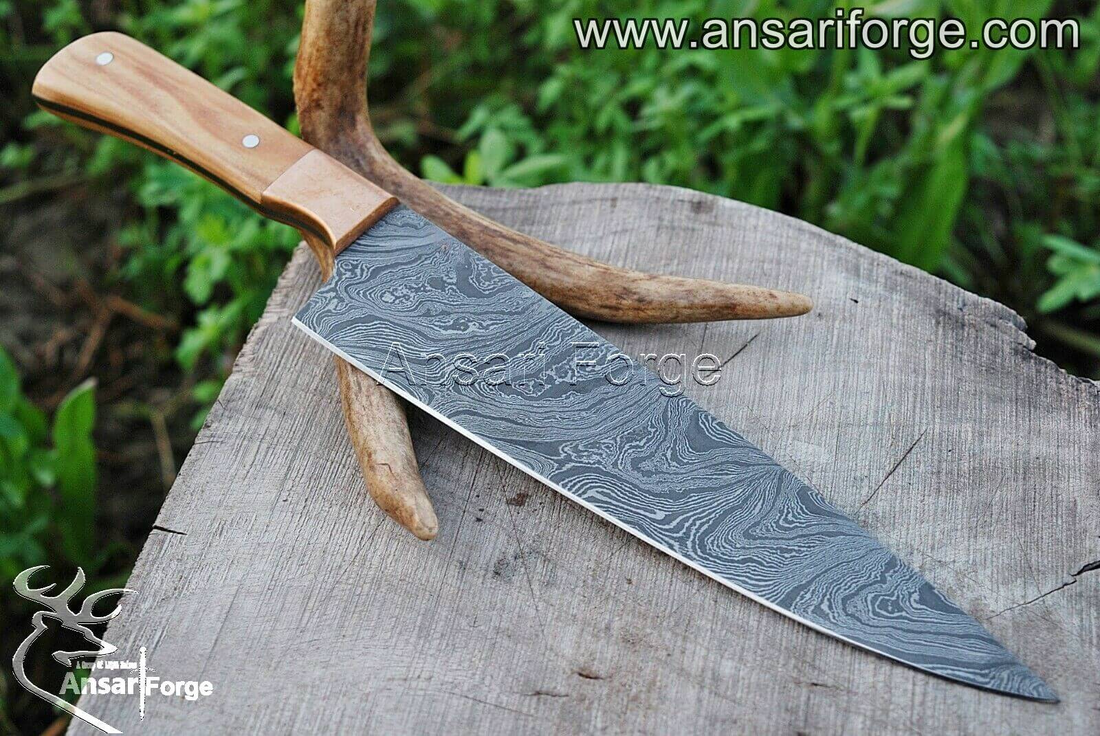 Handmade Damascus steel chef knife olive wood handle & leather sheath