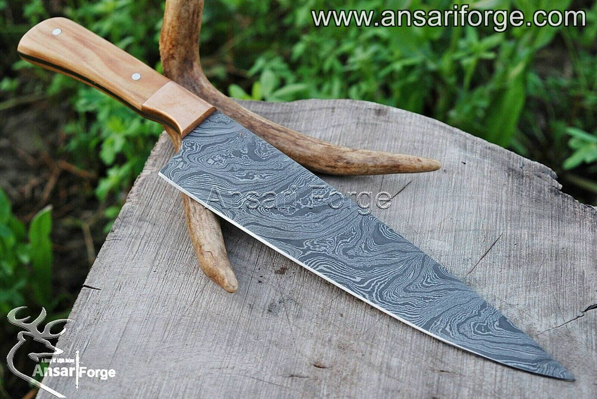 Handmade Damascus steel chef knife olive wood handle & leather sheath