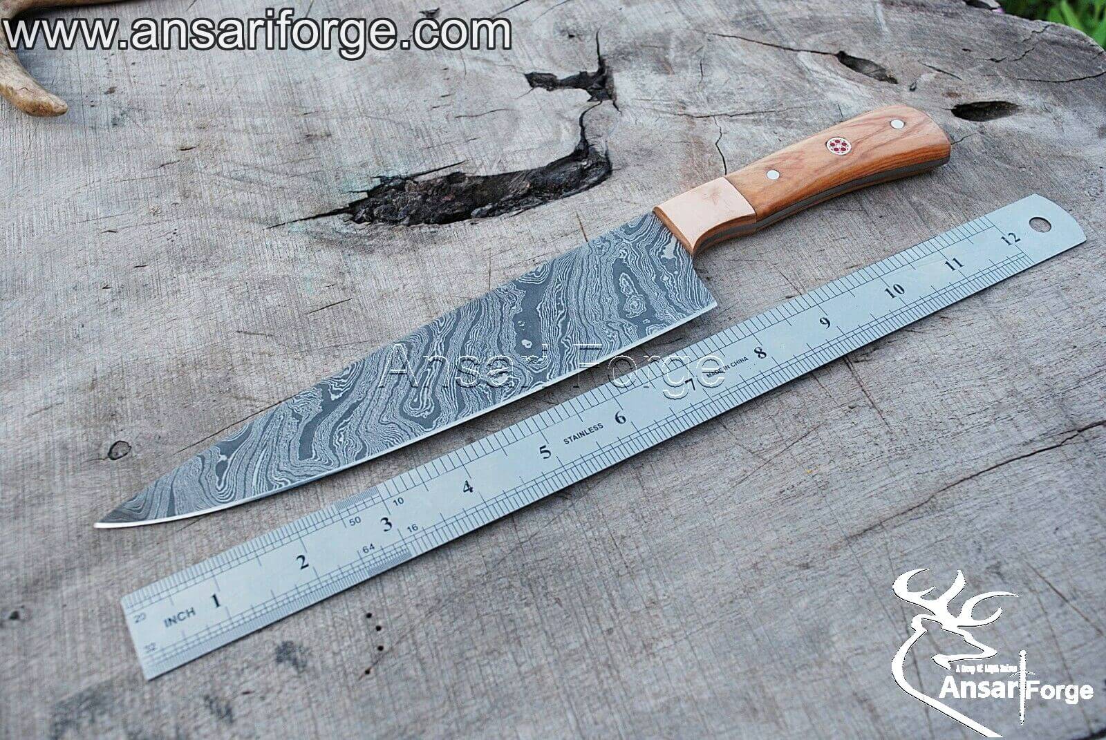 Handmade Damascus steel chef knife olive wood handle & leather sheath