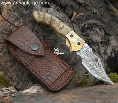Handmade Damascus Pocket Knife with Liner Lock Folding Blade -ansariforge.com